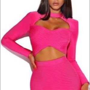 Hot Pink Long Sleeve Bandage Dress